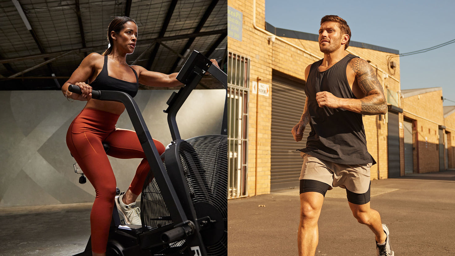 A split image of Ingrid working out on an assault bike, whilst Luke goes for a run.