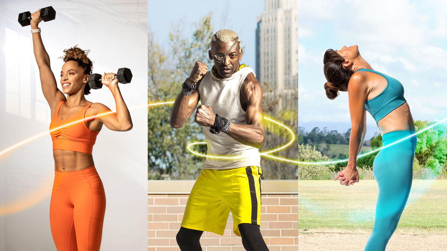 Triptych of Ashley Joi lifting weights, Michael Olajide Jr. boxing and Tahl Rinsky doing yoga.