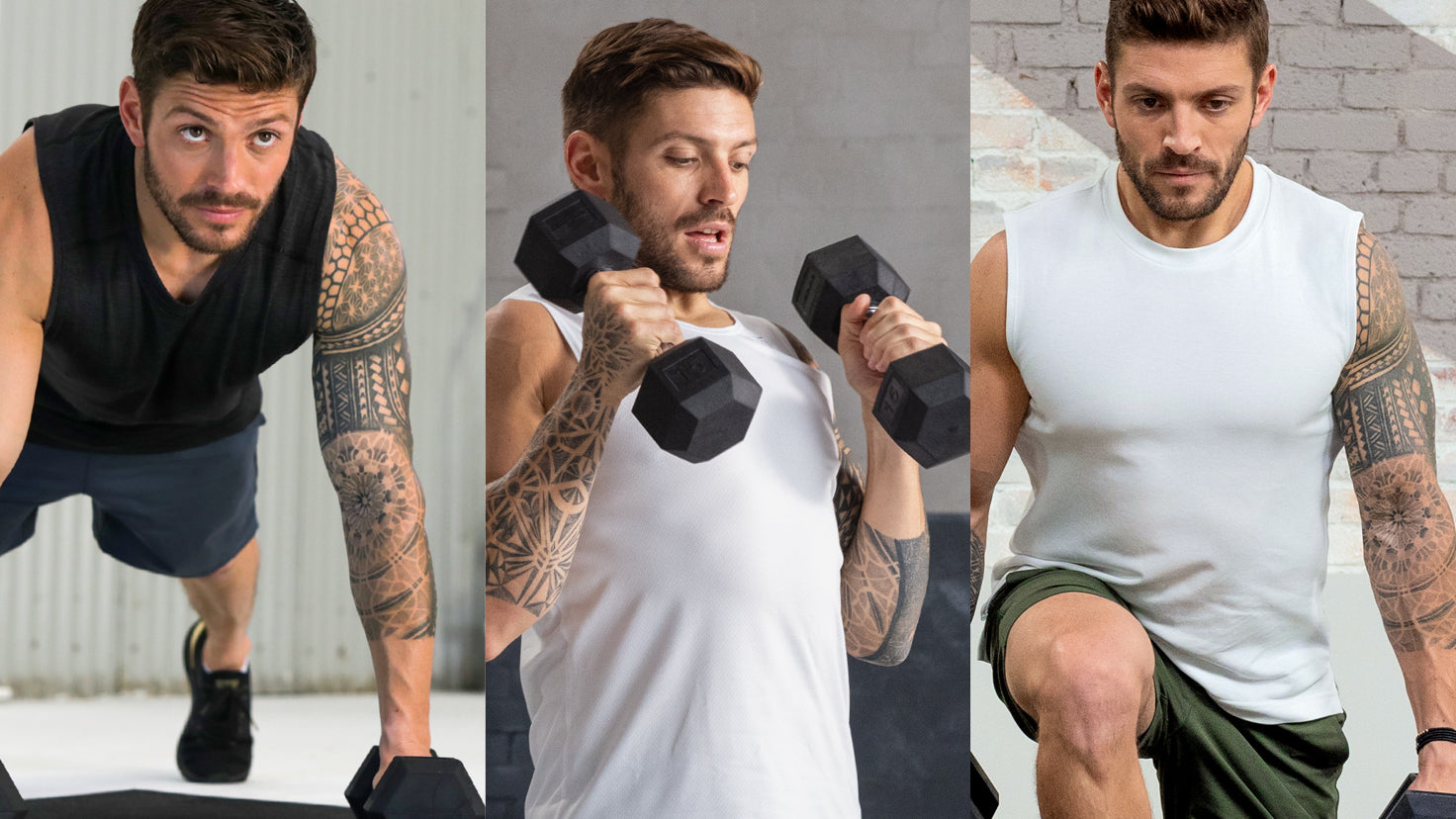 A Triptych of Centr trainer Luke Zocchi in the middle of three different Centr workouts.