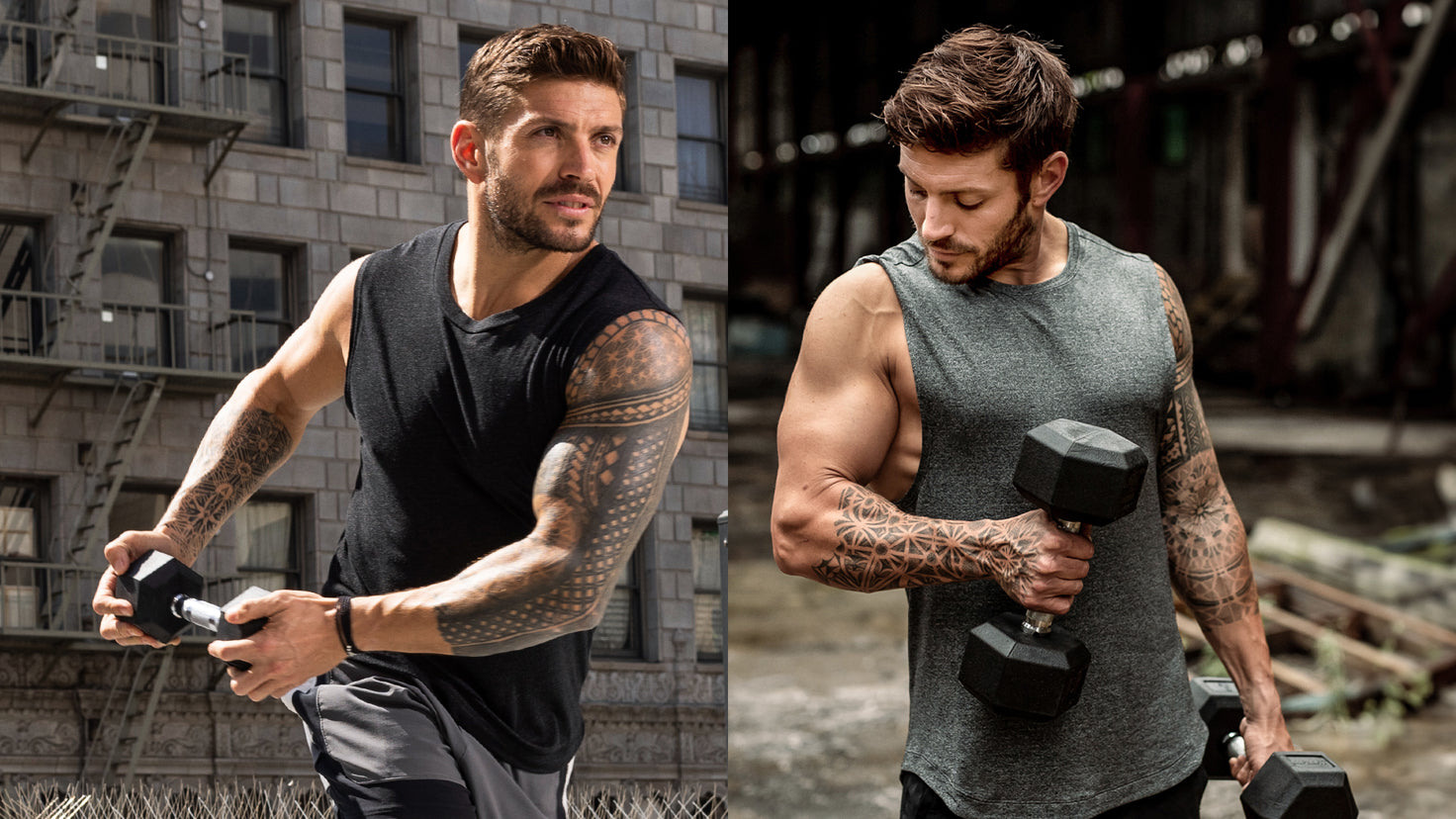 A two panelled image of Luke Zocchi, showcasing both traditional and functional strength moves.