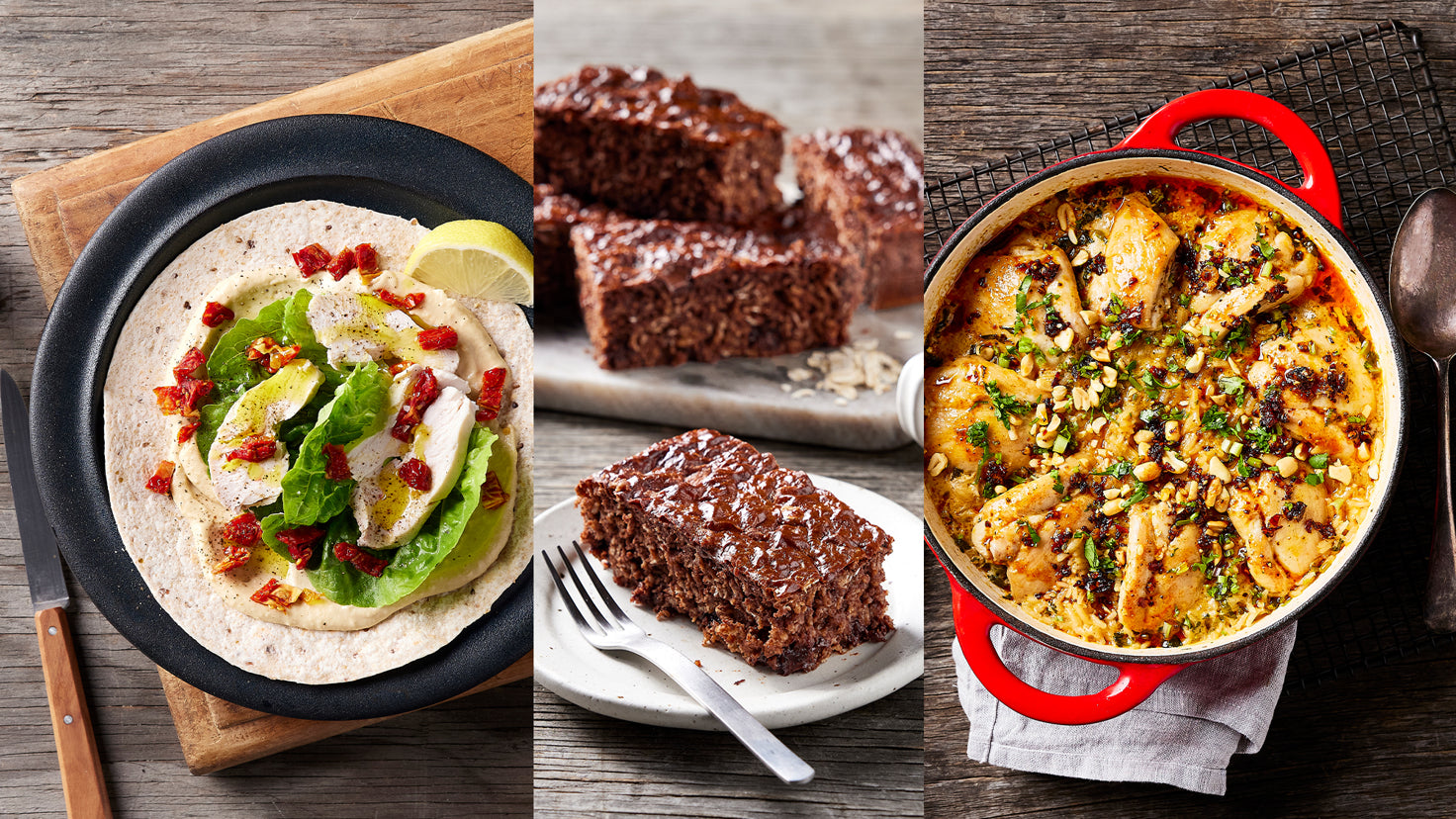 A triptych of images showing high-protein meal prep recipes.