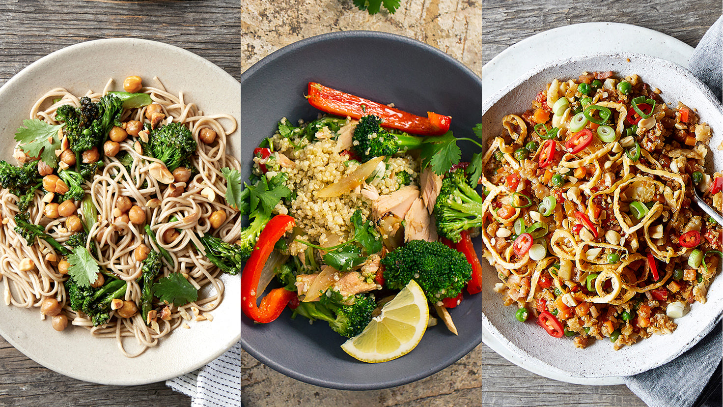 Some of the healthy budget-friendly meals from the Centr meal plan, like chickpea noodles and fried
