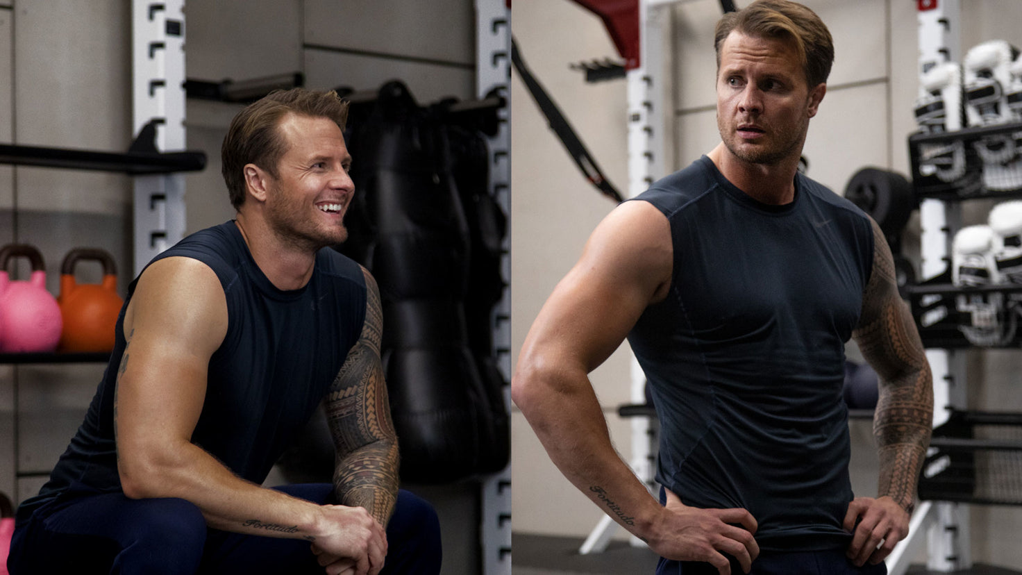Split image of Bobby Holland Hanton smiling and sitting down, and looking focused.