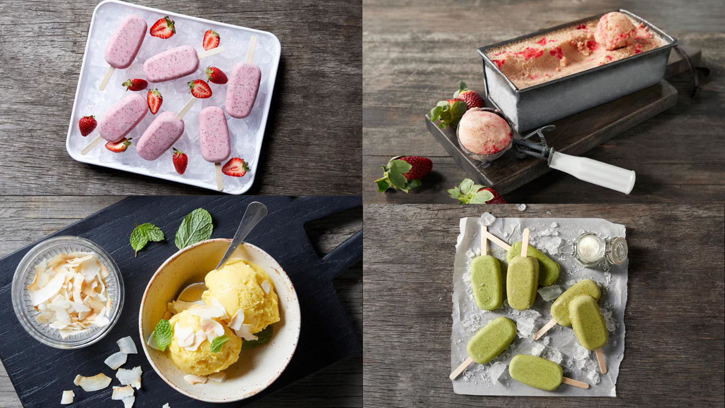 Four different ice cream recipes from the Centr meal plan sit on a table.