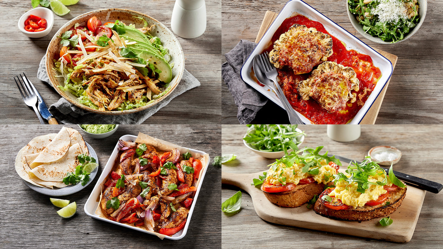 Four images of meals from the 6 new ultra-easy meal collection at Centr.
