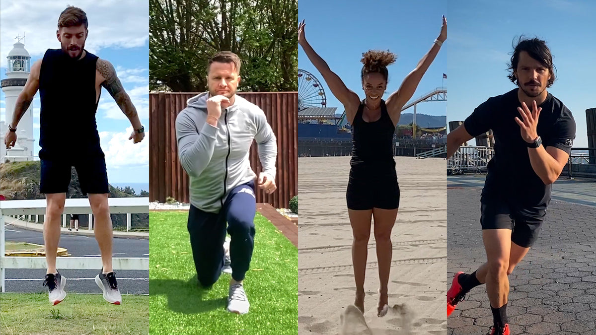 A split screen image showing Centr's trainers working out in different parts of the world.