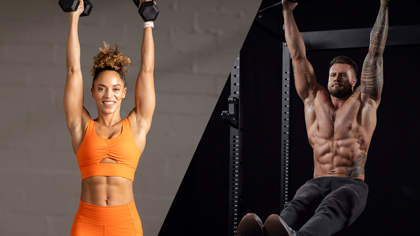 A woman with visible abs holds dumbbells and a man with a six-pack holds himself on a bar.