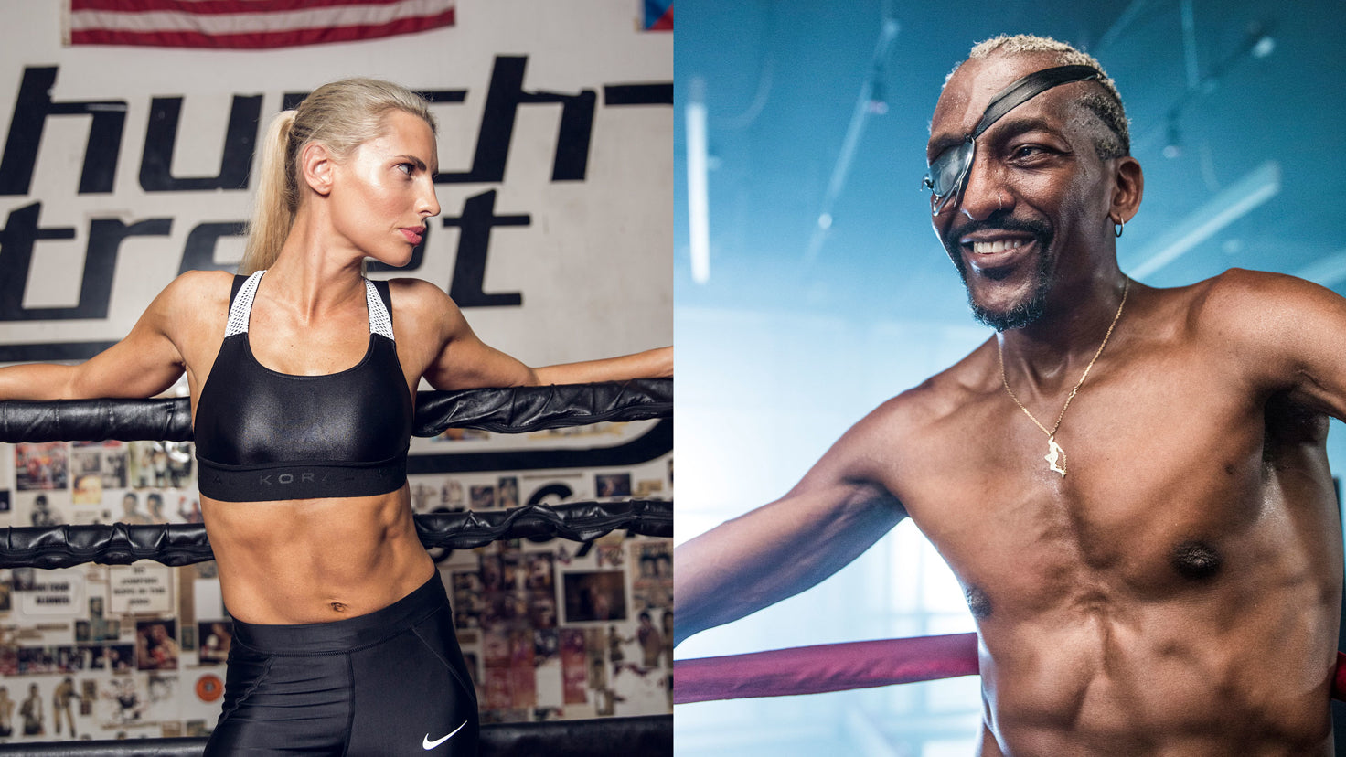 Separate photos of Tiffiny Hall and Michael Olajide Jr. leaning on the ropes of boxing rings.