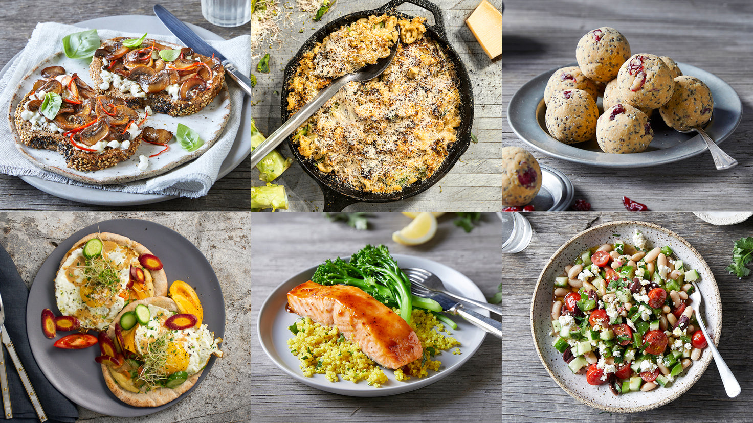 A grid image showing six recipes from the Centr meal plan.