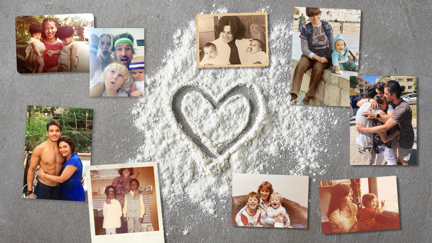 Family photos of the Centr experts spread over a kitchen bench covered in flour.