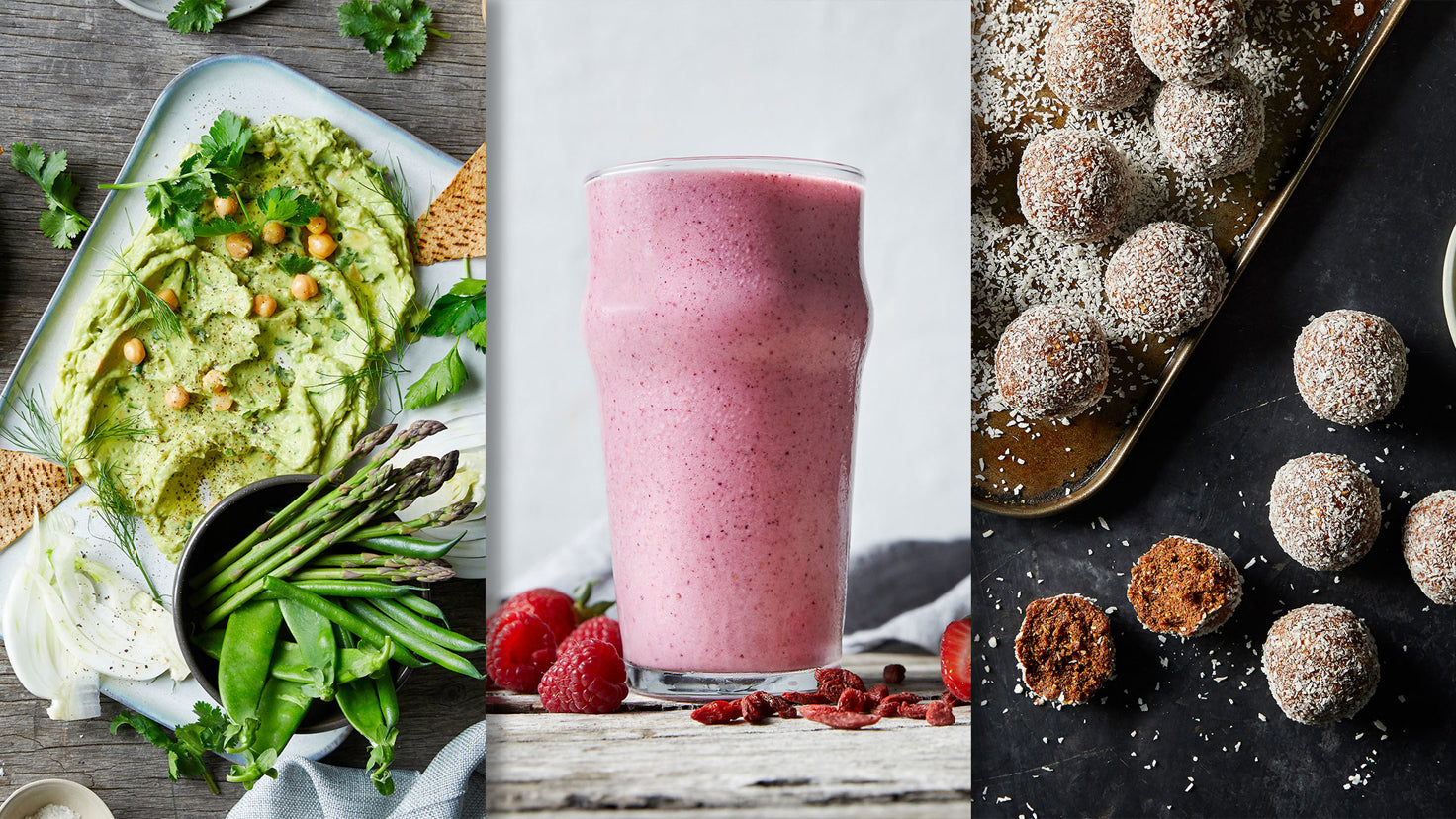 Avocado Hummus Dip, an Almond Berry Smoothie and a plate of Choc Peanut Bliss Balls.