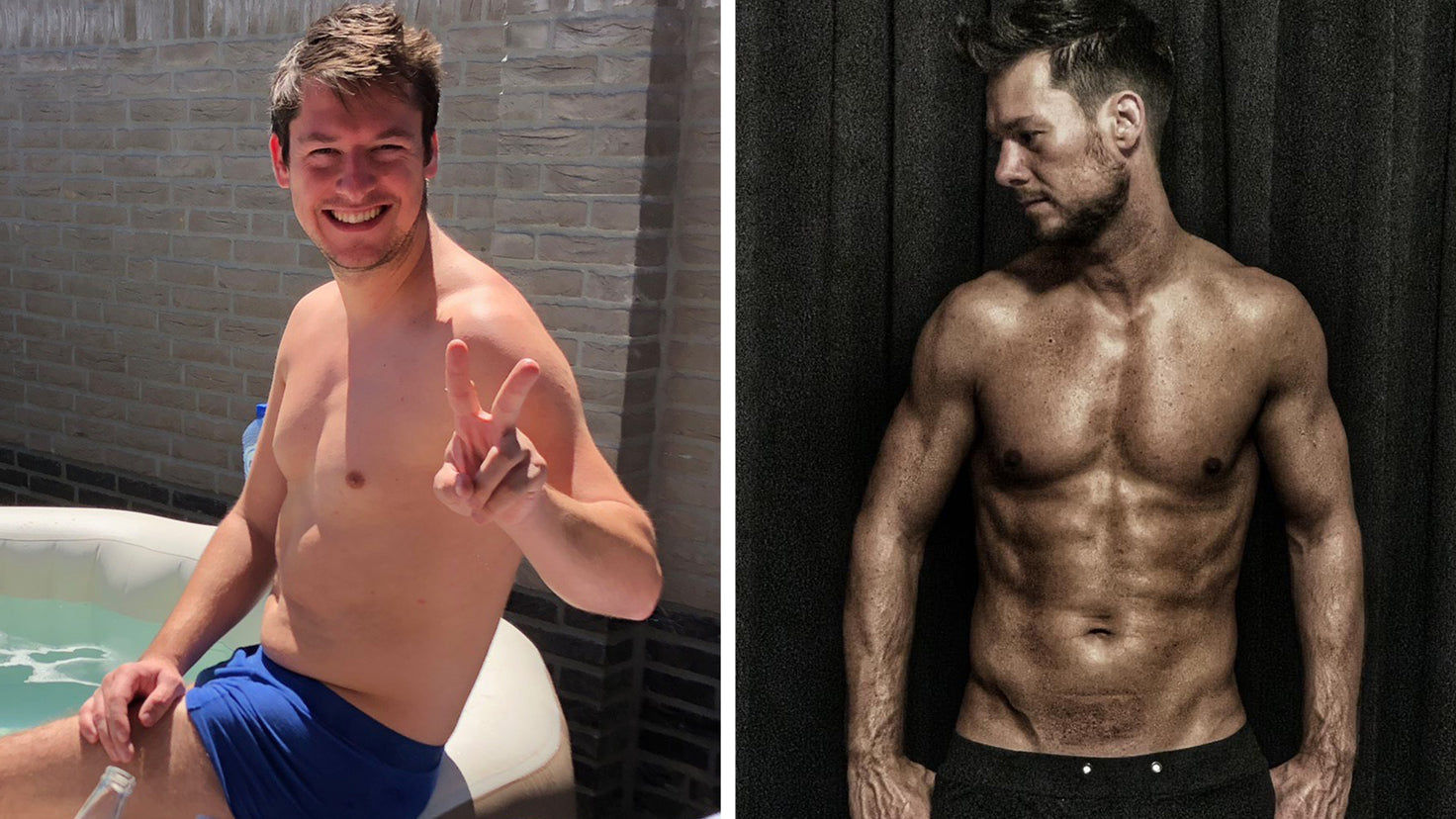 Before and after progress photos of Centr member Robert. In the 'after' he has gained visible muscle