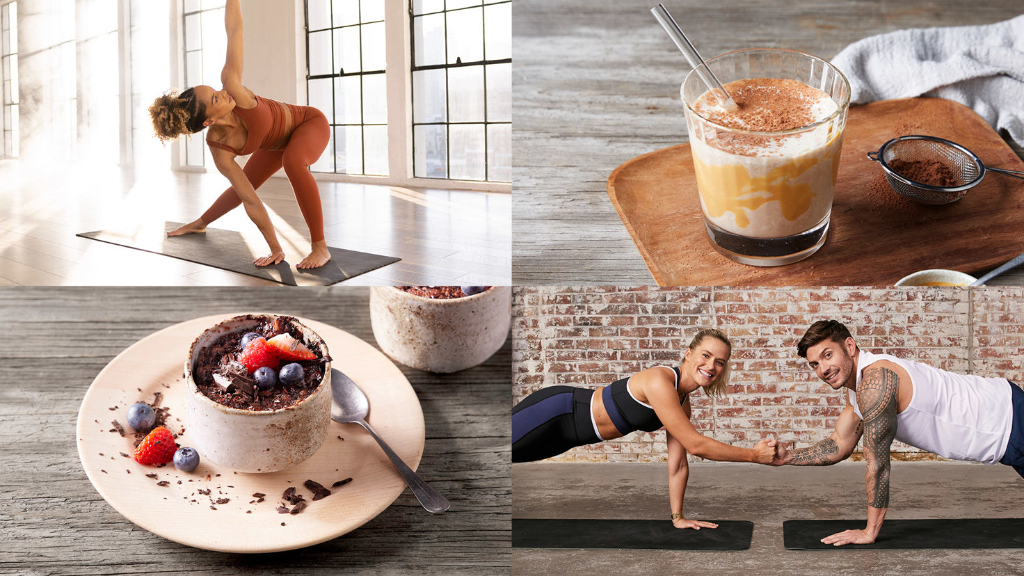 A four panel image showing Centr trainer Ashley Joi stretching, a Peanut Butter Cup Smoothie from th