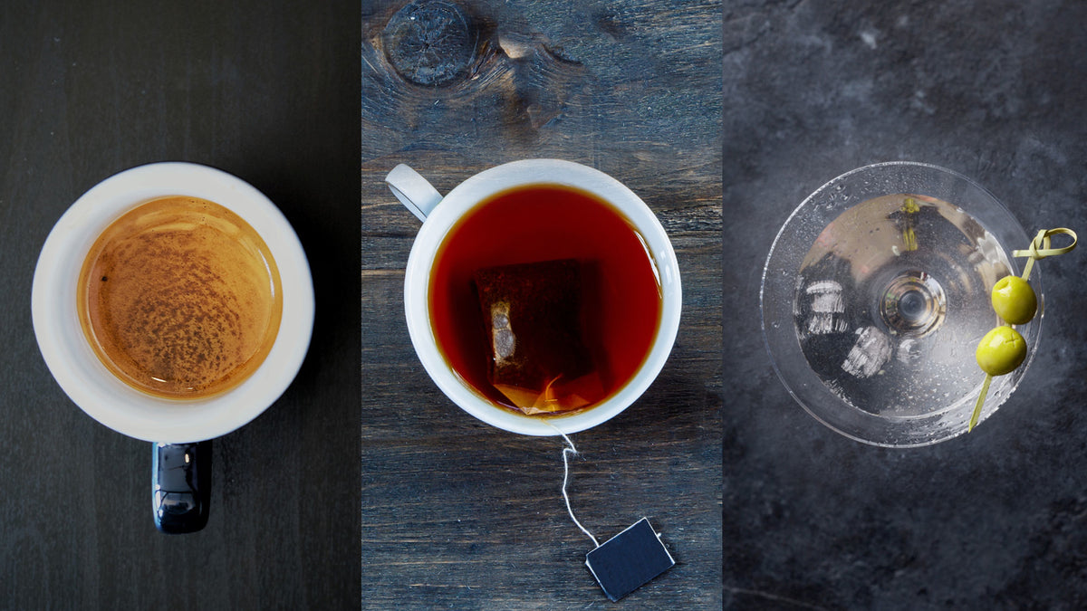 A long black coffee, a cup of herbal tea and a martini with olives.