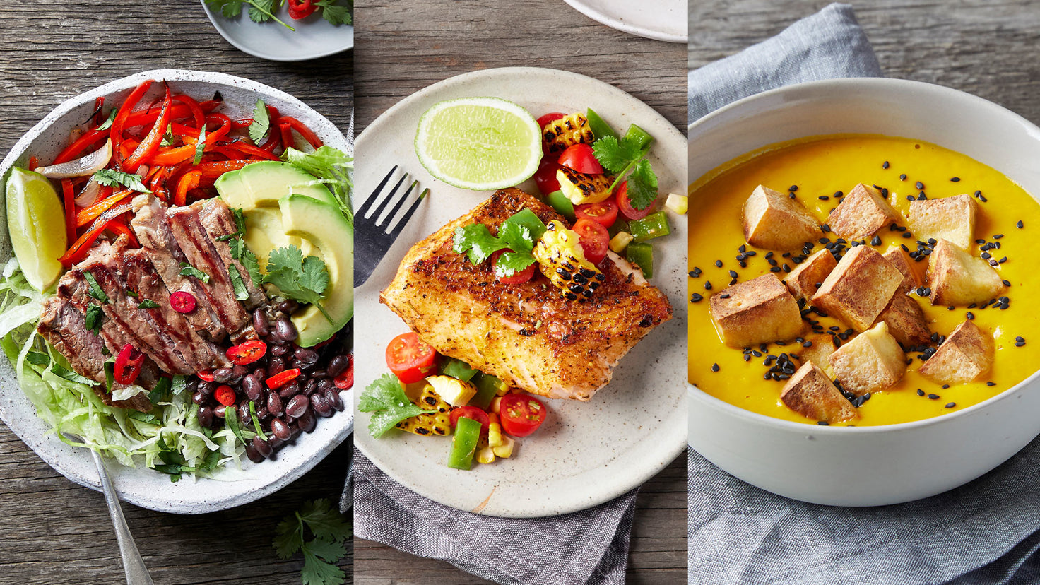 A triptych of three low carb meals from the Centr meal plan.