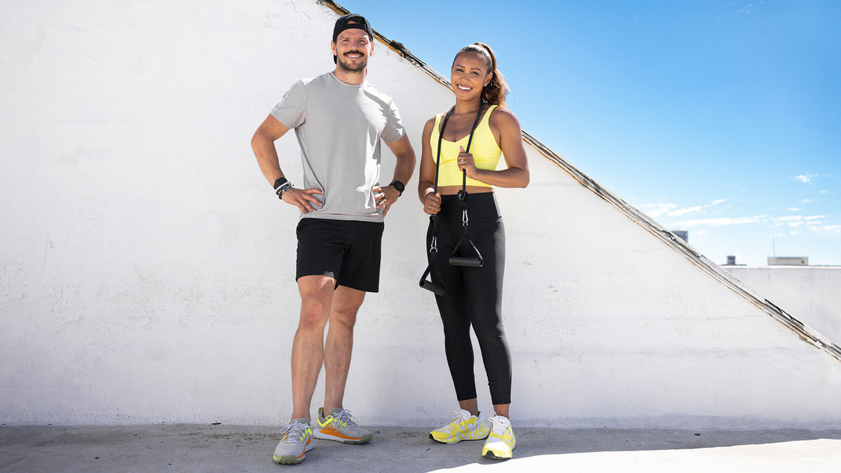 Centr Begin trainers Dan Churchill and Maricris Lapaix, with a tube band from the Centr Fitness Esse