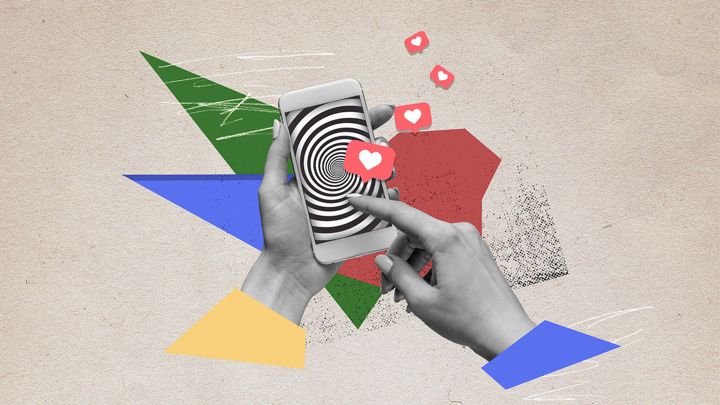 A digitally created artwork depicting two hands holding a mobile phone and touching the screen. The