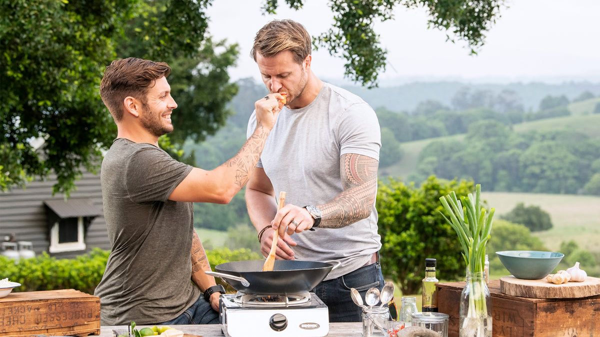 Bobby lends a hand with Luke's sesame chicken stir-fry