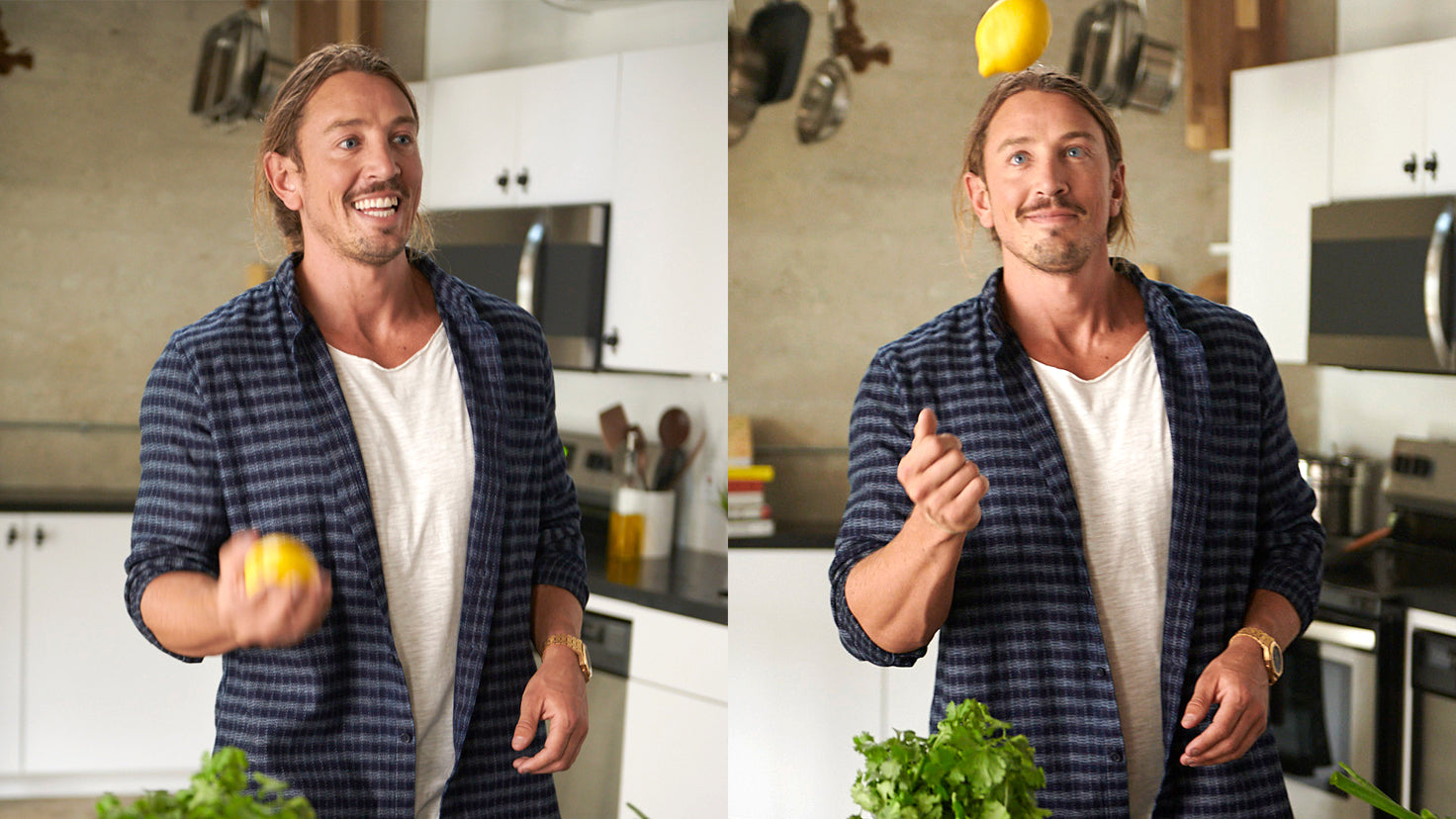 Simon Hill throws a lemon in the air in his kitchen.