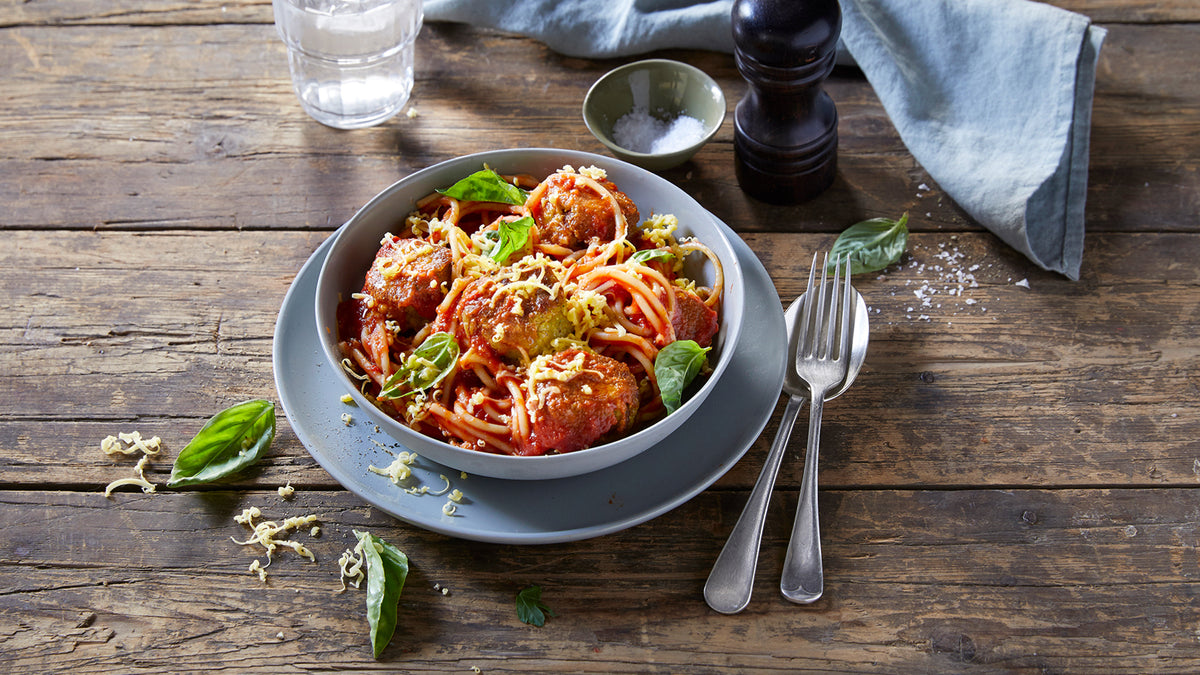 A large bowl of Spaghetti & meat-free 'Meatballs' from the Centr vegan meal plan.