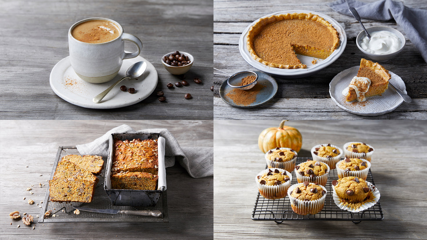 4 different Centr recipes containing pumpkin, sit on the table.