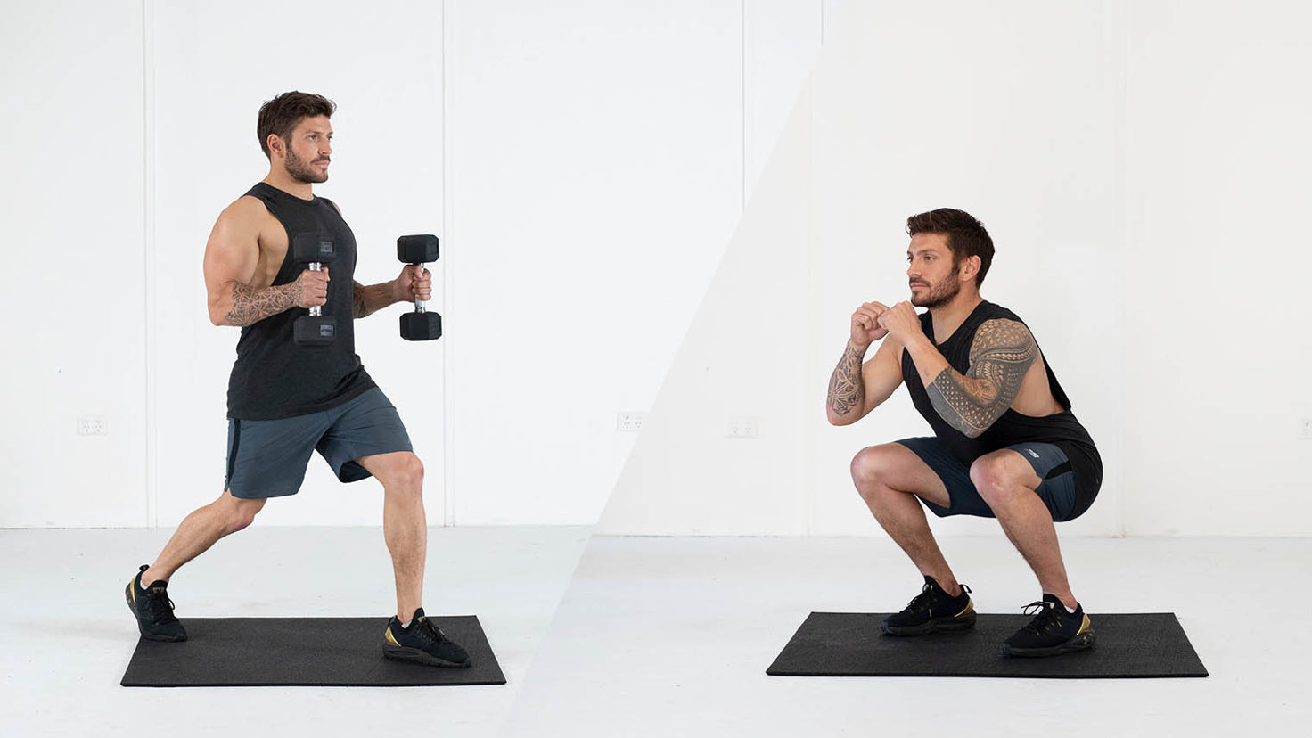 Luke Zocchi performs lunges and squats – two exercises that can be turned into a superset for your l