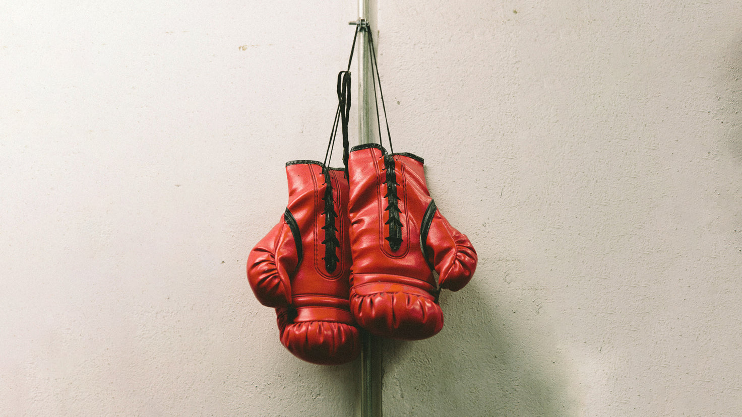 A pair of red boxing gloves hung up on a wall.