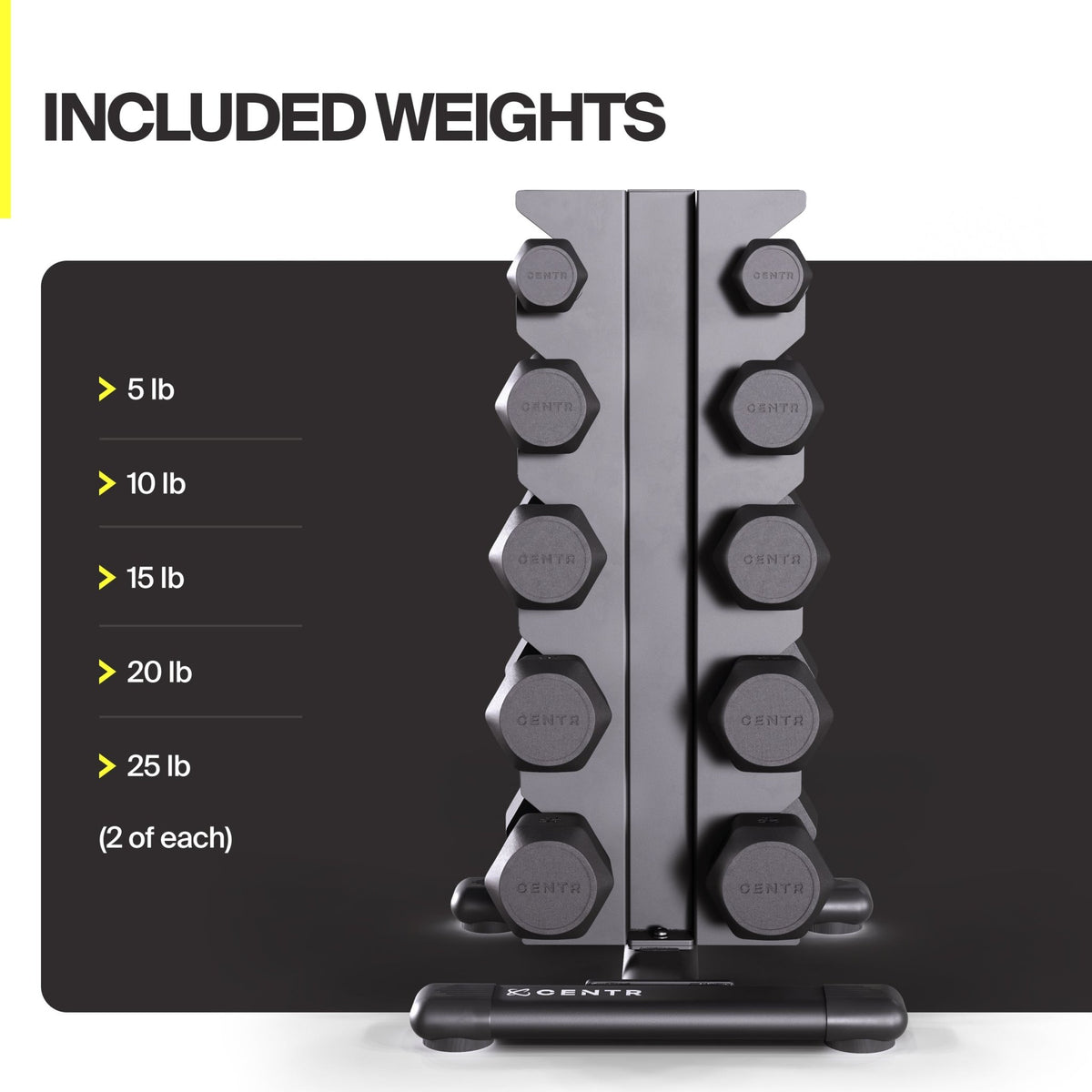 Centr Power Series 5-25lbs Rubber Dumbbell Set with Vertical Rack - CentrCentr